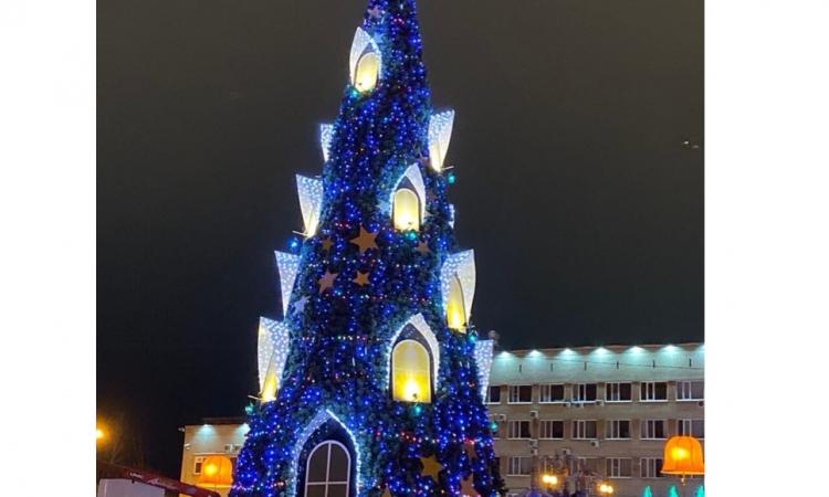 В темное время суток ёлочка мерцает огоньками 