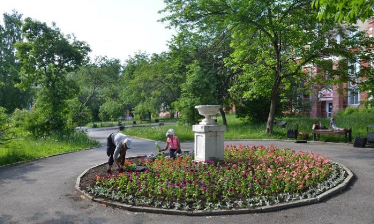 Высаживают цветы в сквере им В. Миндовского